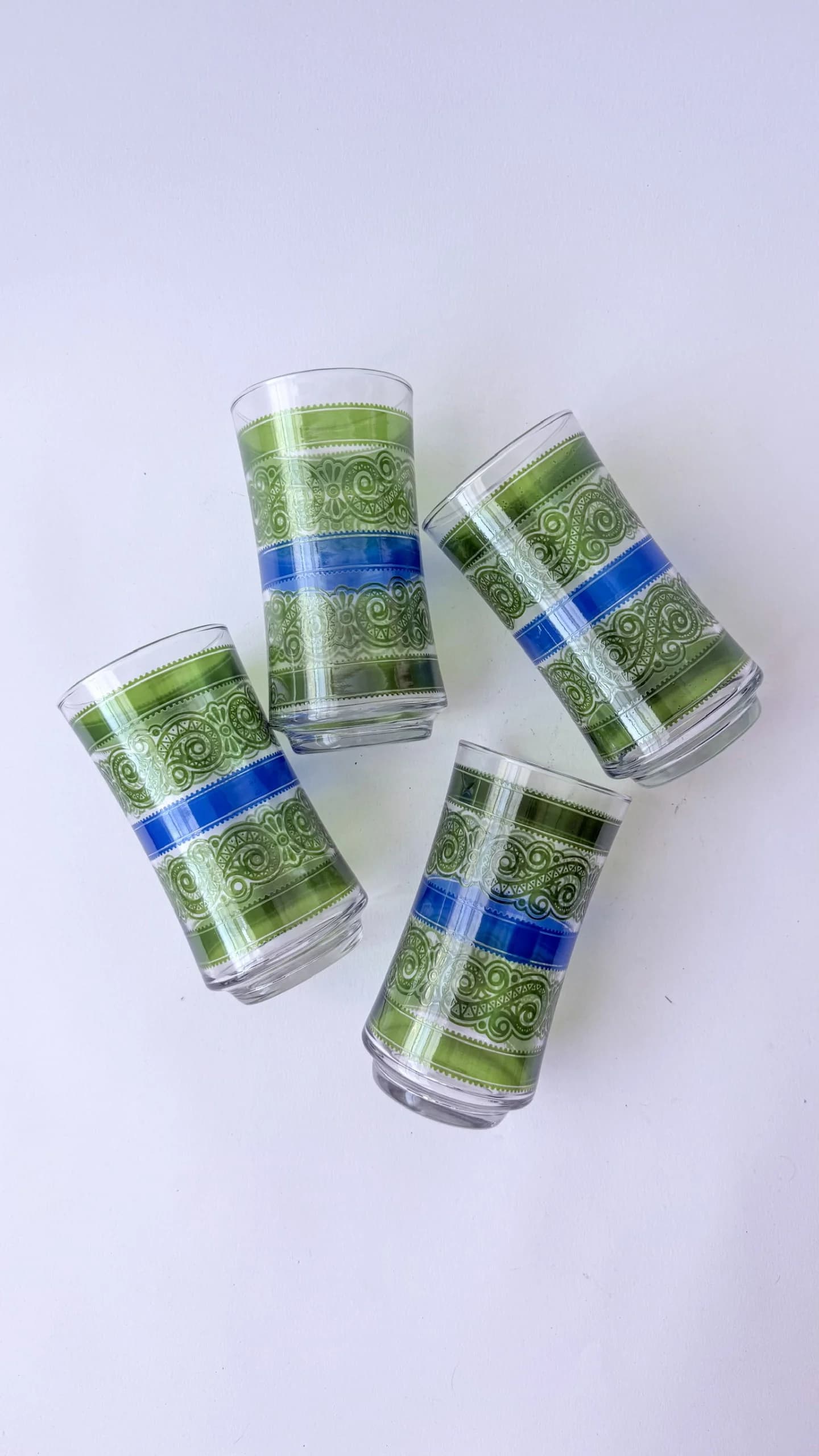 Set Of 4 Green And Blue Paisley Glasses