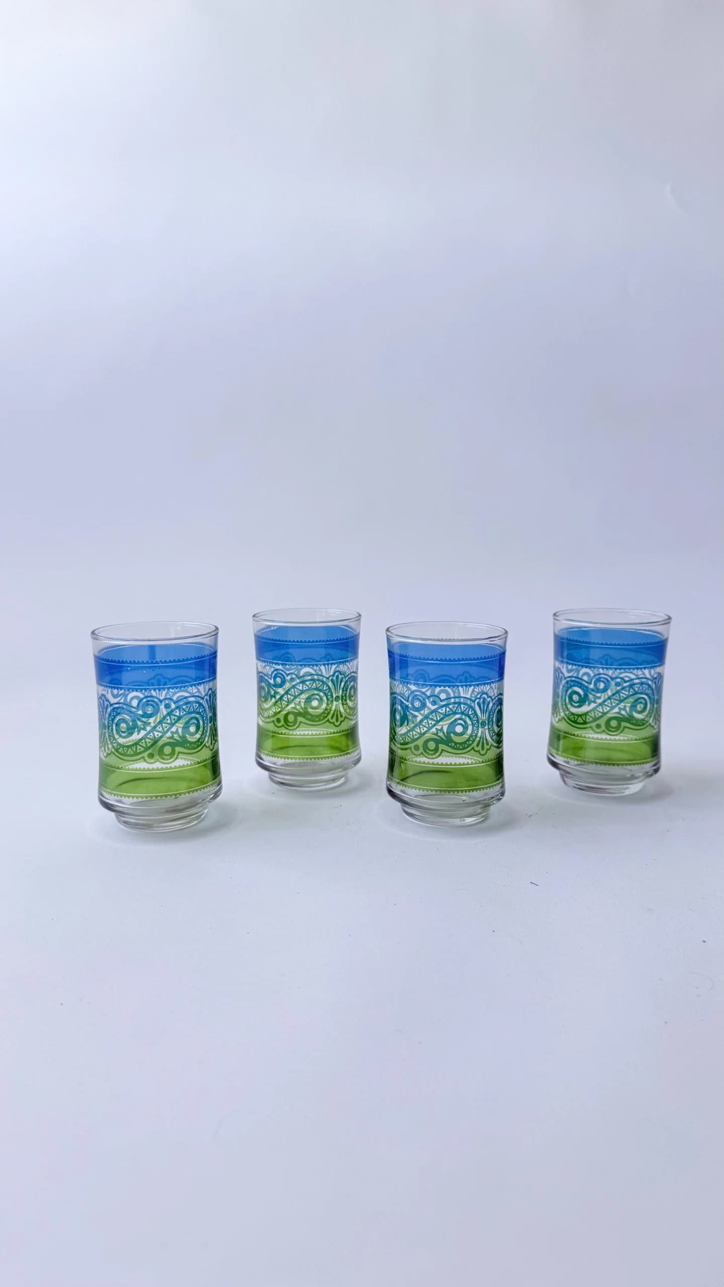 Set Of 4 Green And Blue Paisley Juice Glasses