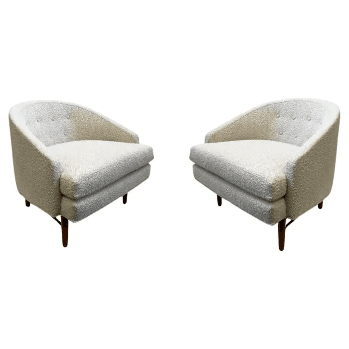 Pair of Walnut and Off White Fabric Lounge Chairs by Kipp Stewart