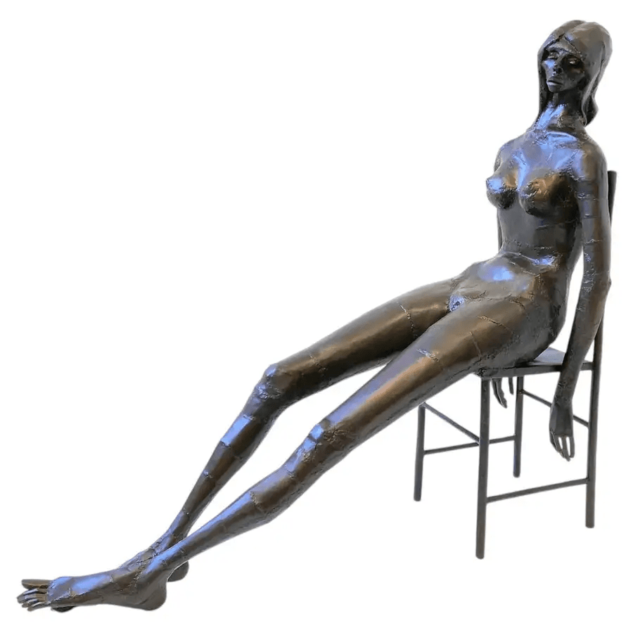 Brutalist Welded Steel Nude Female on Chair Sculpture by Gene Logan for Elrod
