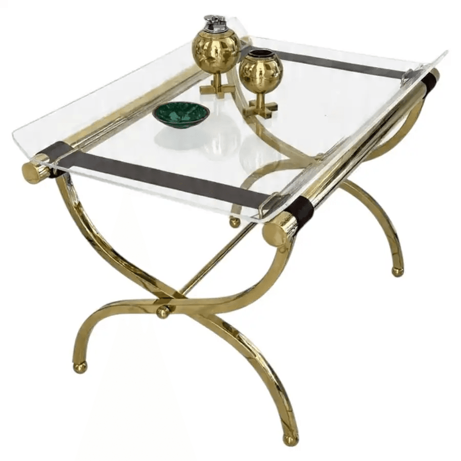 Charles Hollis Jones Brass and Lucite Folding Tray Table/Luggage Rack