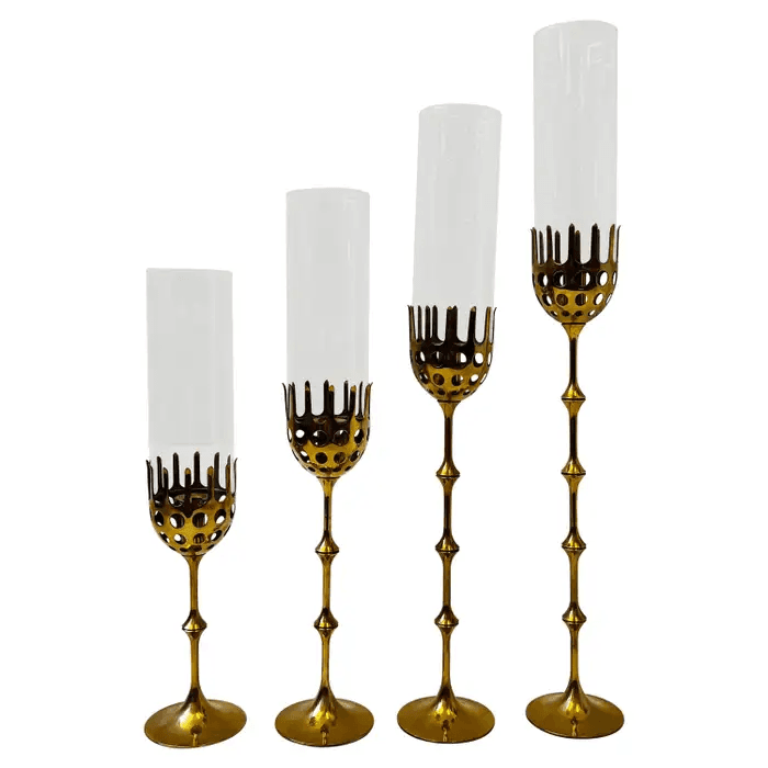 Set of Four Solid Brass and Glass Hurricane Candles Holders by Bijørn Wiinblad