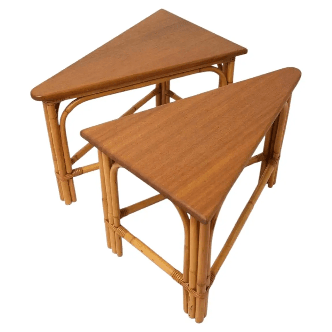 Pair of Triangular Shape Bamboo and Mahogany Side Tables
