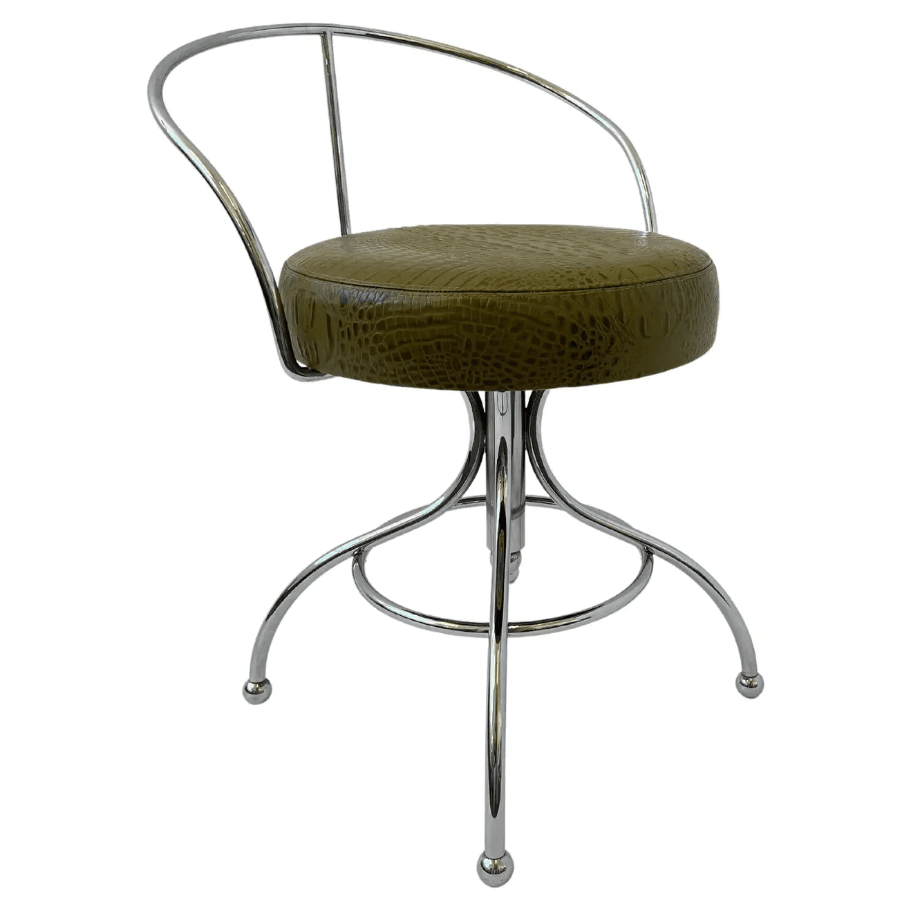 Chrome and Olive Green Leather Swivel Vanity Stool by Charles Hollis Jones