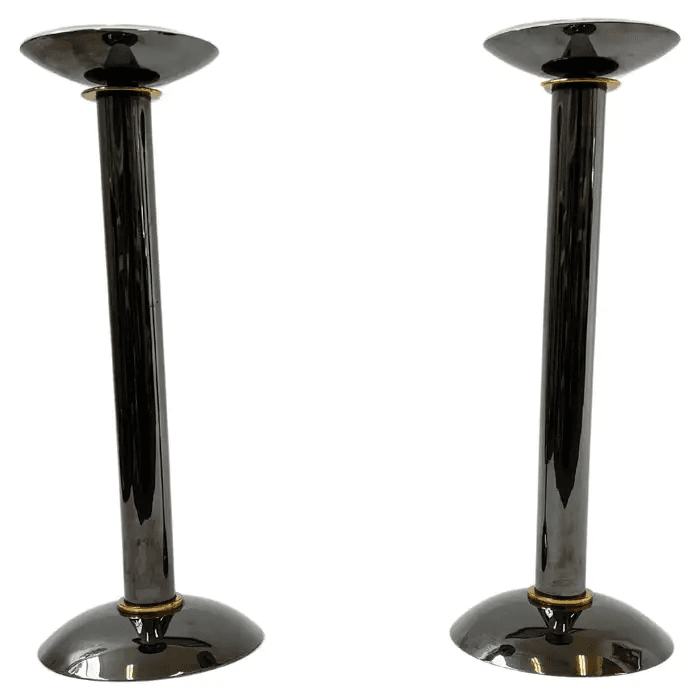 Pair of Gunmetal and Brass Candle Holders by Karl Springer