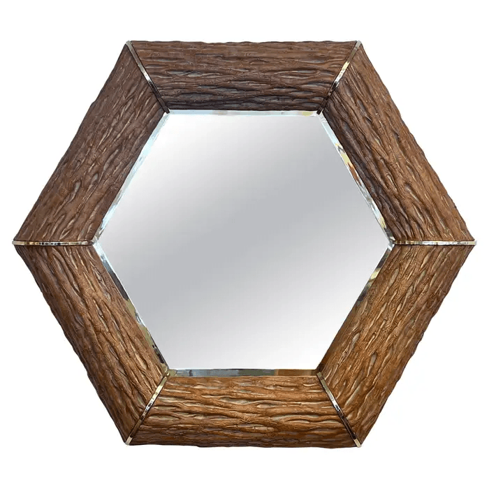 Faux Saguaro and Brass Hexagonal Shape Wall Mirror