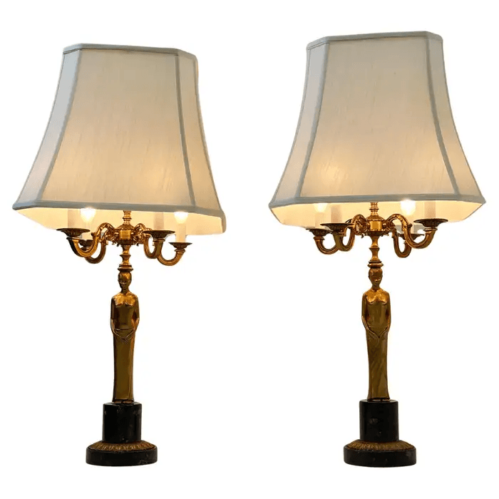 Pair of Bronze Neoclassical Women Candelabra Table Lamps