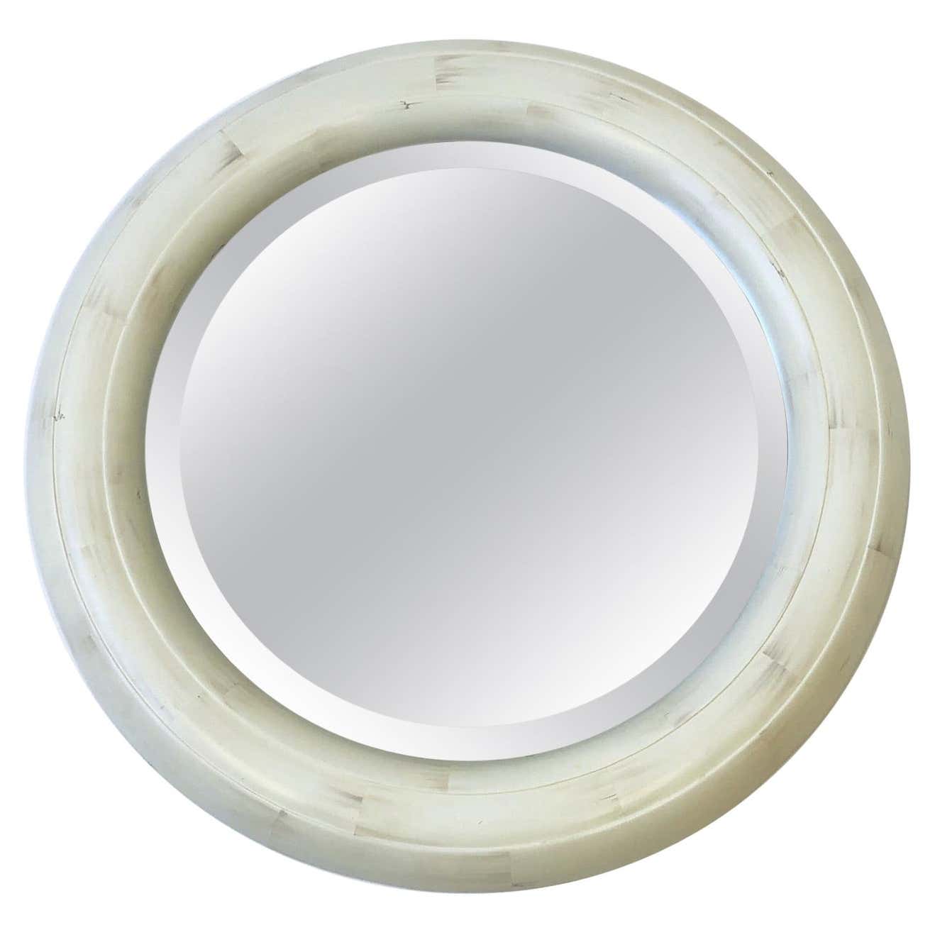 Bone Lacquered Round Beveled Mirror in the Style of Karl Springer