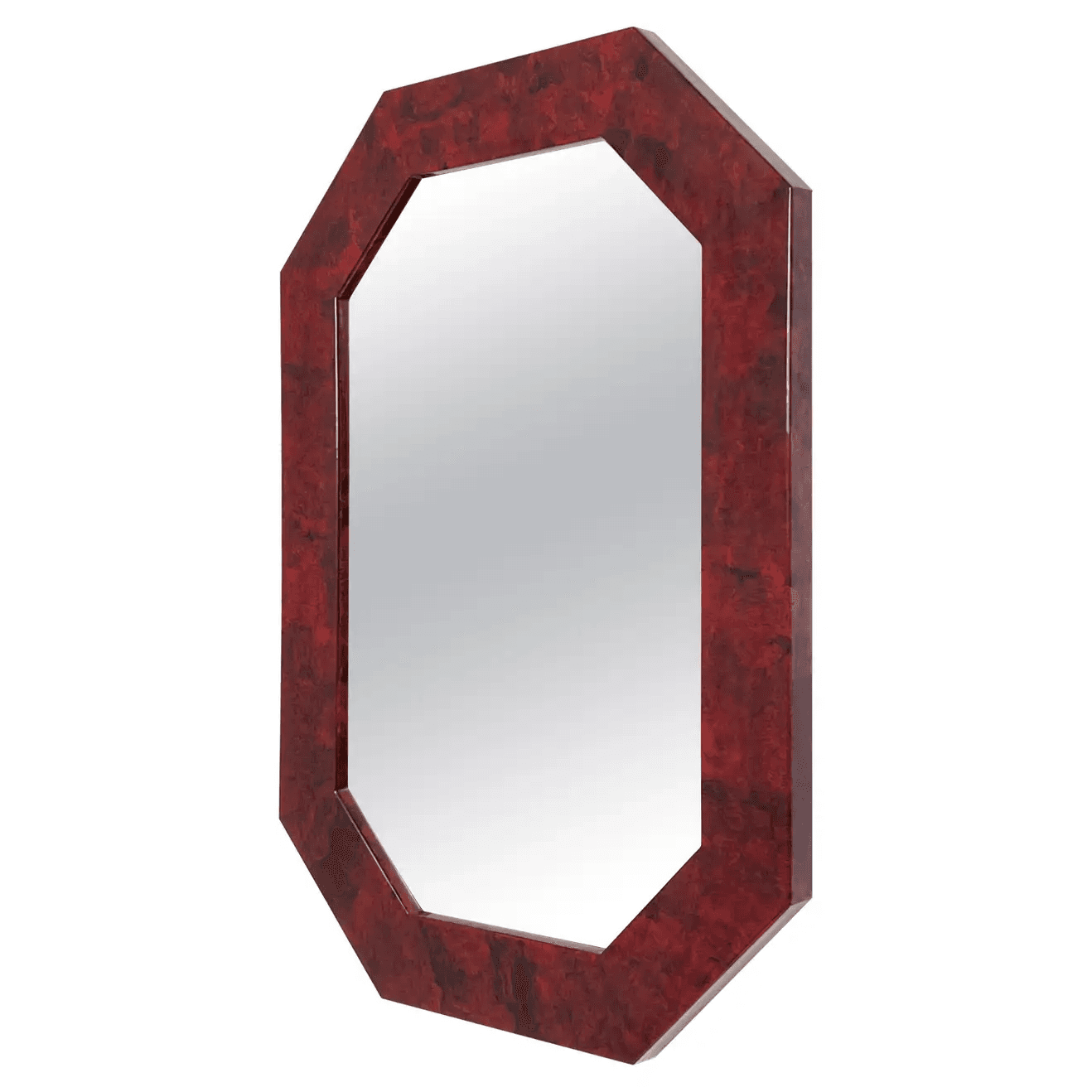 Octagonal Shape Red Lacquered Burl Wood Wall Mirror