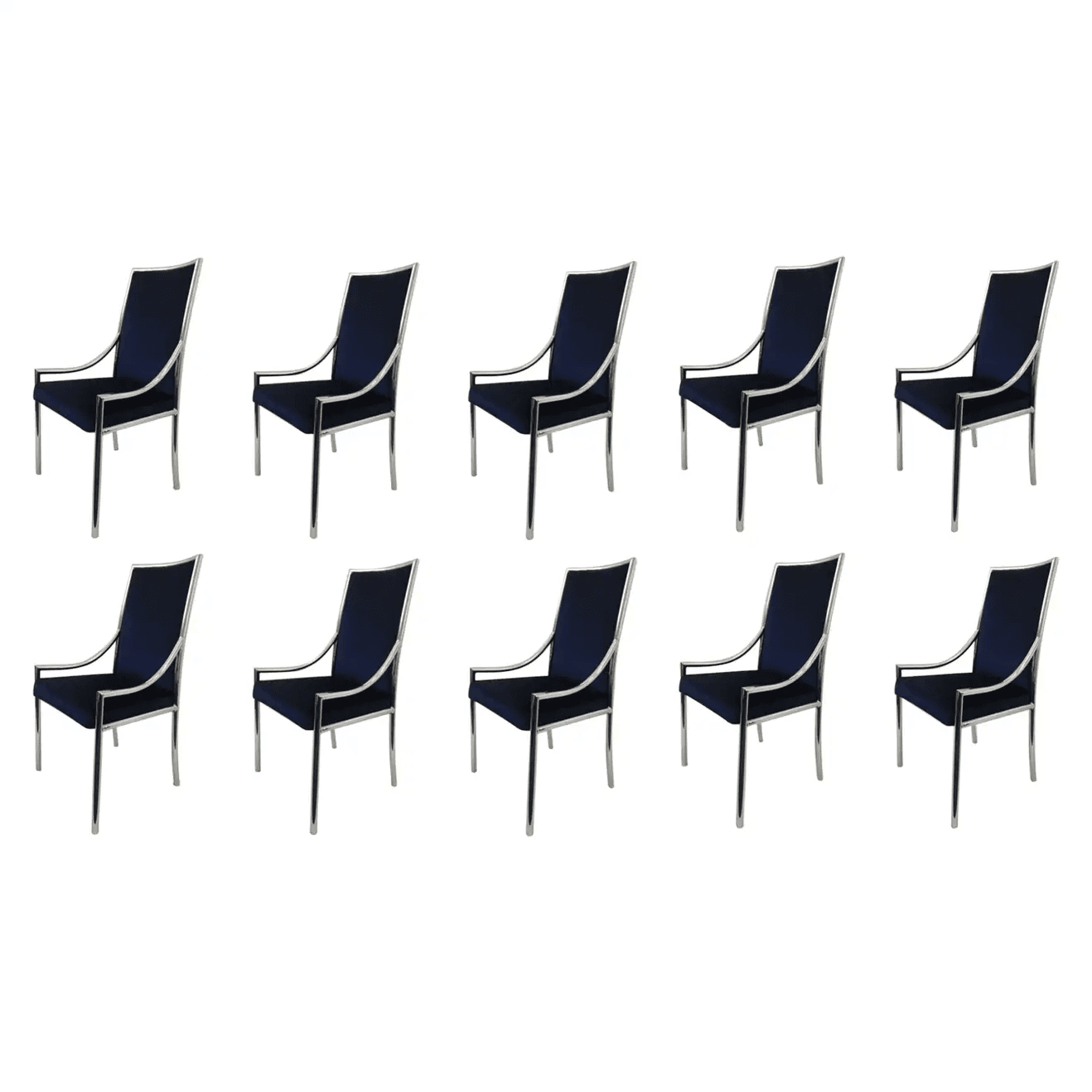 Set of Ten Chrome and Royal Blue Velvet Dining Chair Attributed to Pierre Cardin