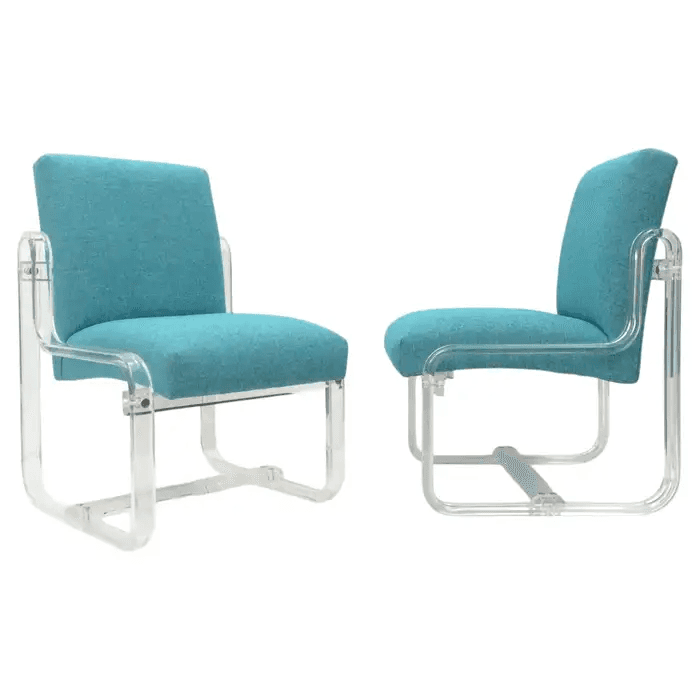 Pair of Clear Lucite and Blue Fabric Lounge Chairs by Carmichaels Designes