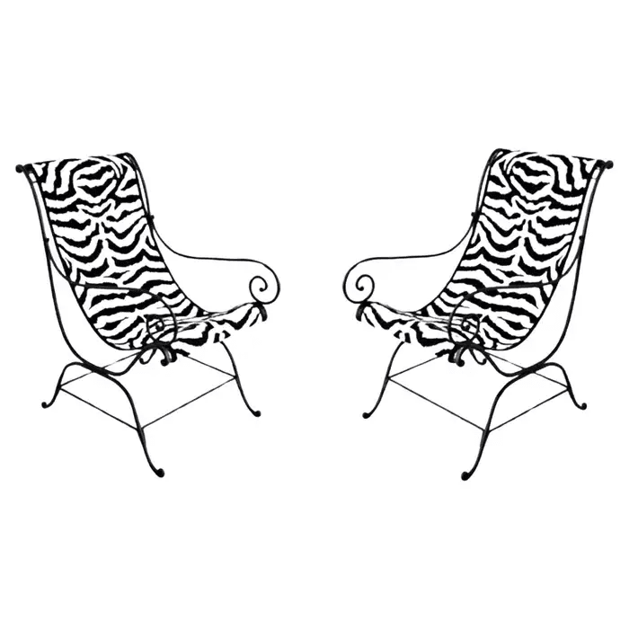 French Wrought Iron Sling Chairs, Sunbrella Fabric, Vintage 1950s