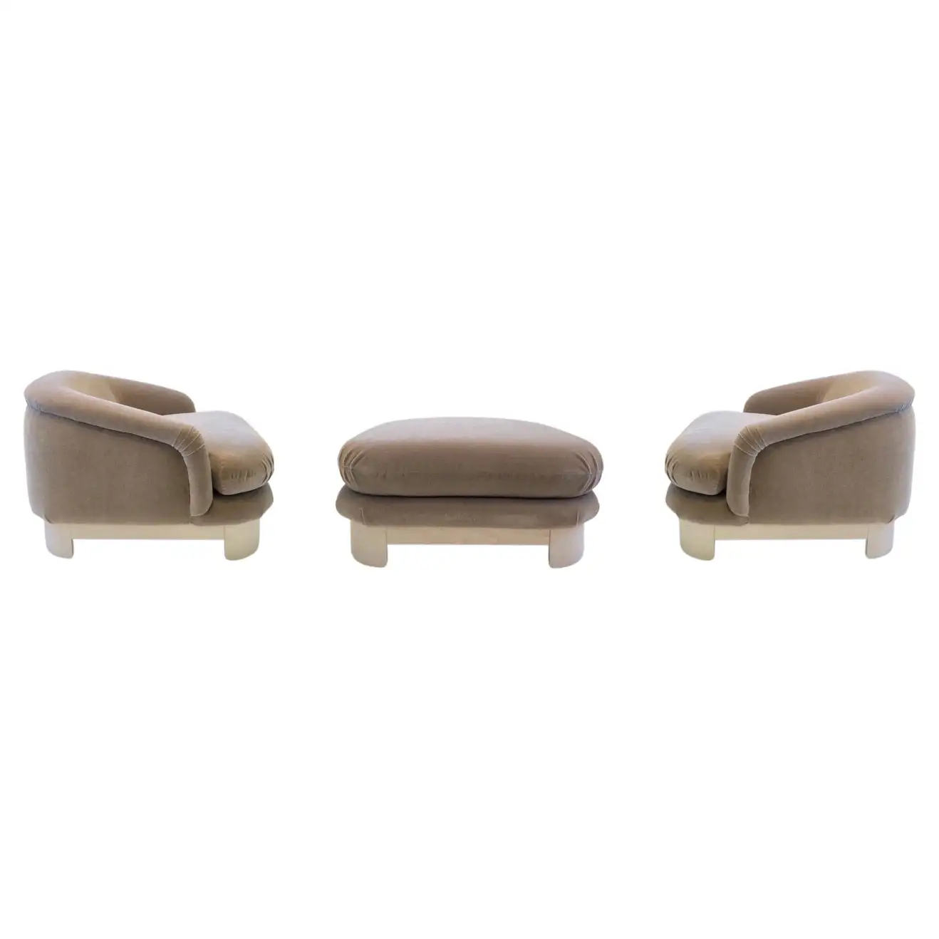 Off White Mohair and Whitewash Oak Lounge Chairs and Ottoman by Thayer Coggin