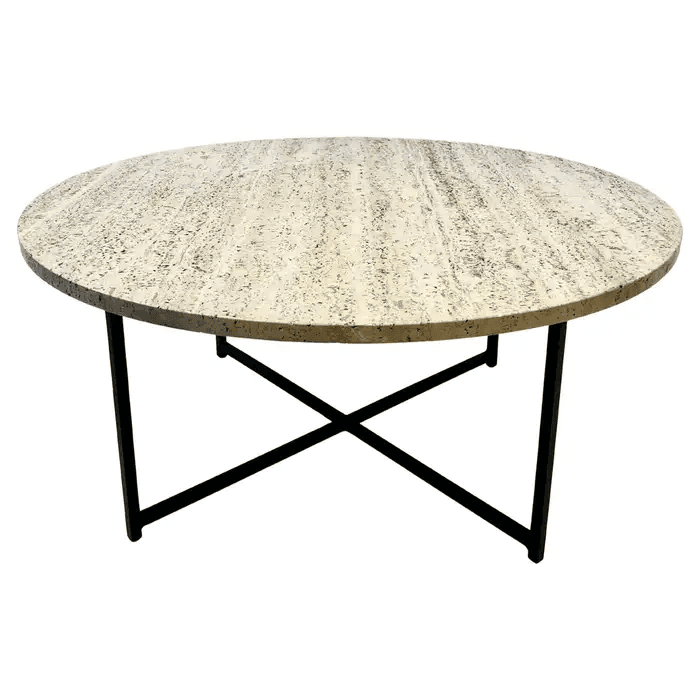 Round Travertine and Bronze Cocktail Table