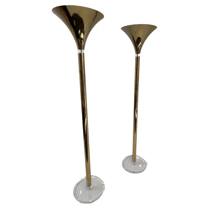 Pair of Brass and Lucite Torchieres Floor Lamps