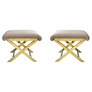 Pair of X Bases Brass and Blush Ottomans Benches by Charles Hollis Jones