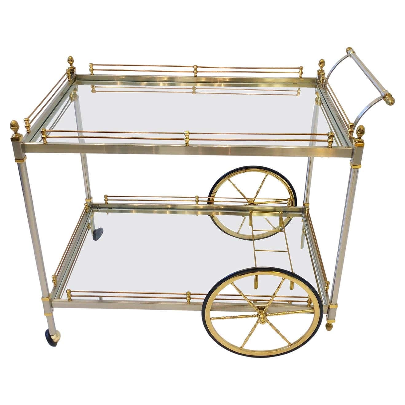 Italian Brass and Brushed Steel Two Tier Bar Cart