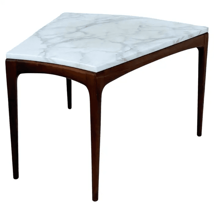 Carrara Marble and Walnut Wedge Shape Side Table