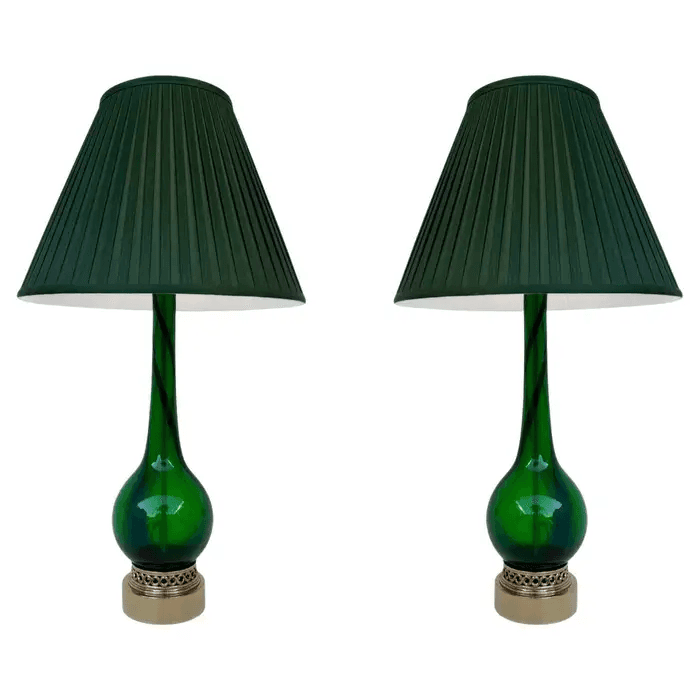 Pair of Italian Emerald Green Murano Glass and Brass Table Lamps