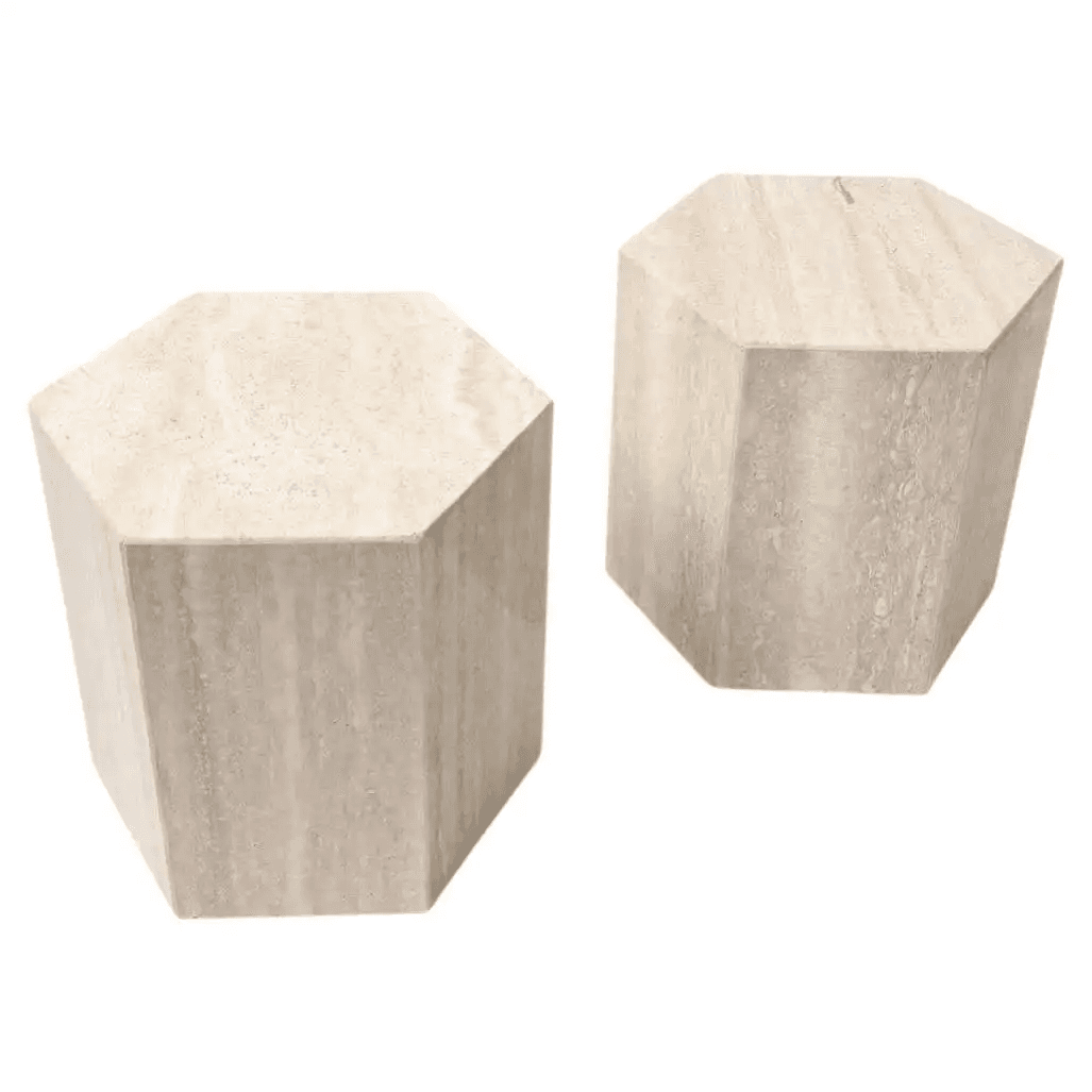 Pair of Travertine Hexagon Shape Side Tables