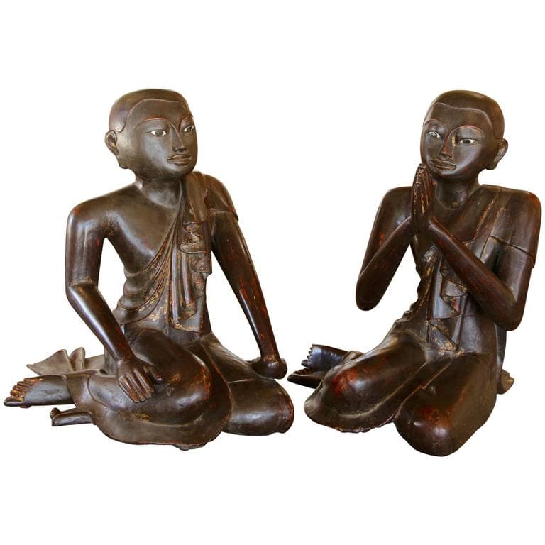 Early 19th Century Siamese ‘Thai’ Wood Carved Monks with White Painted Eyes