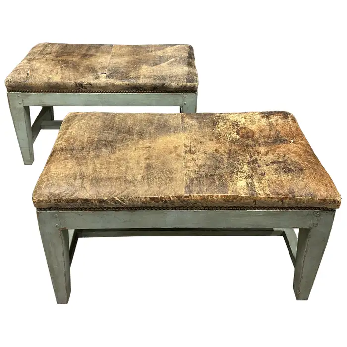 Antique Distressed Leather Painted Benches
