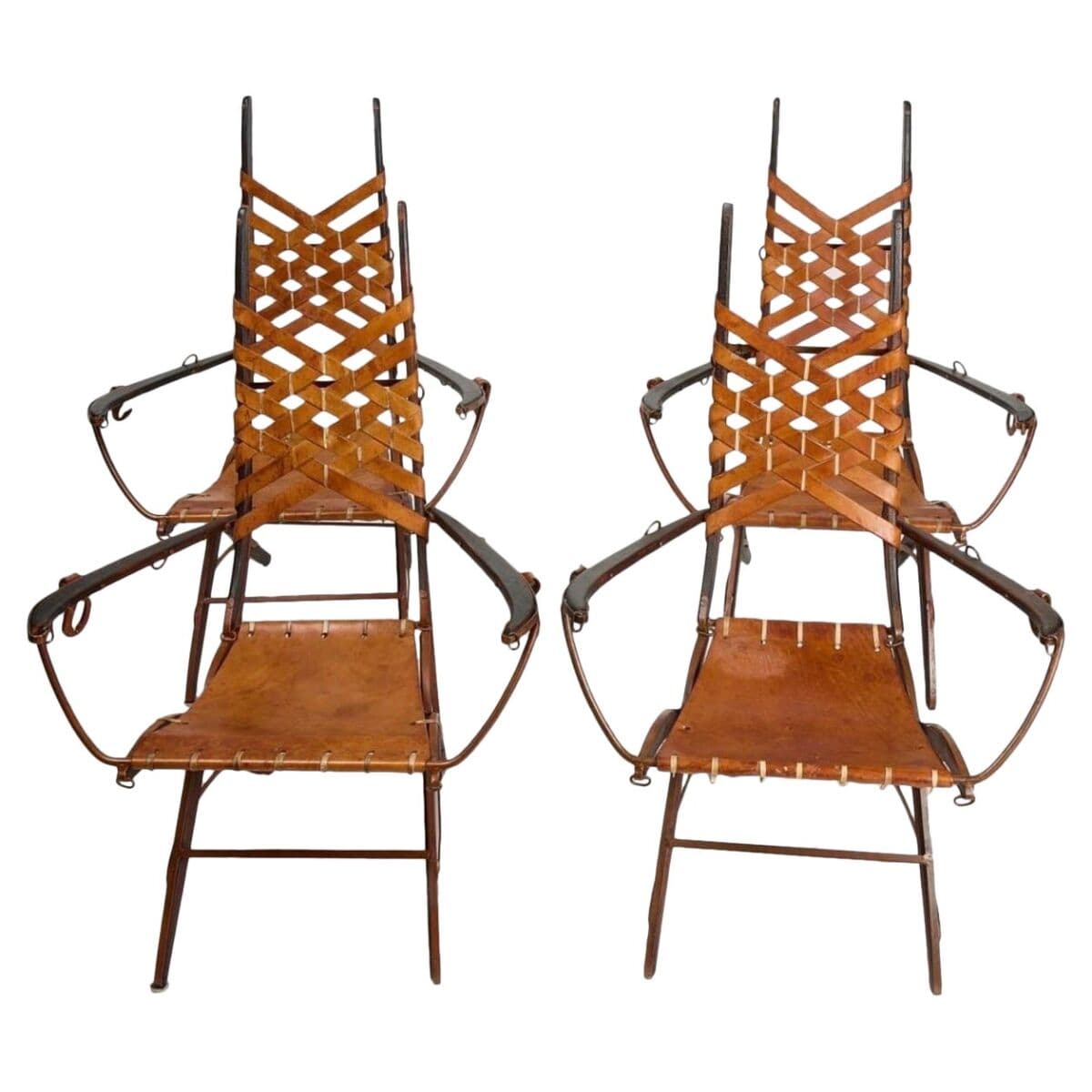 Set of 4 1960’s Alberto Marconetti Leather, Iron and Wood Arm Chairs