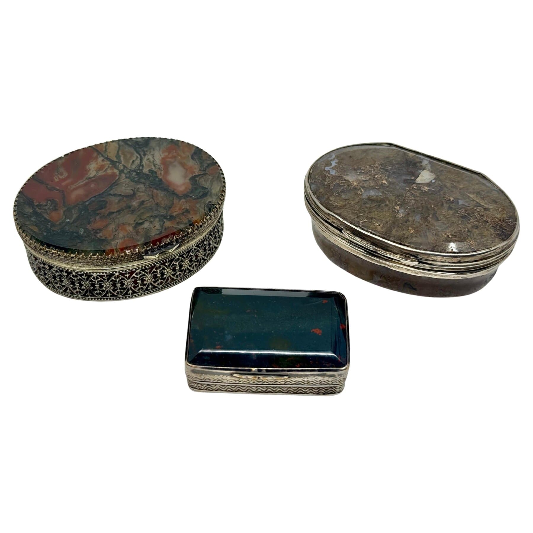 3 Antique Victorian Snuff or Trinket Boxes with Banded and Moss Agate