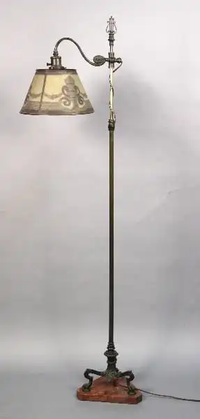 10797. 1920’s Adjustable Floor Lamp with Red Marble Base and Wire Mesh Shade