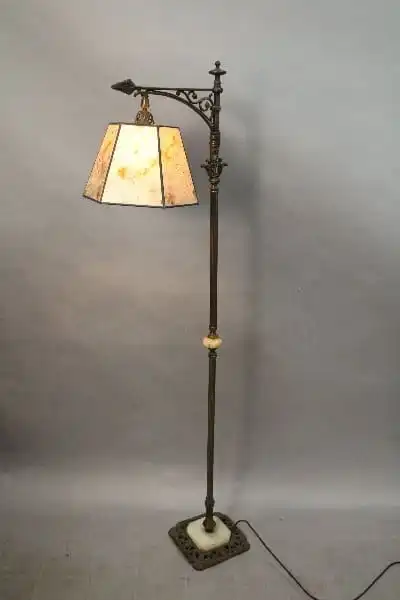 14923. Circa 1920’s Bronze And Marble Bronze Lamp With New Mica Shade