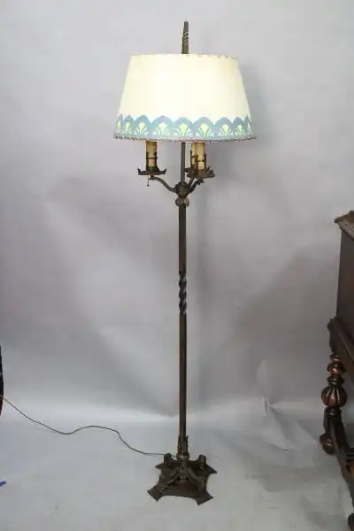 15042. Great Three Light Wrought Iron Floor Lamp With Custom Shade