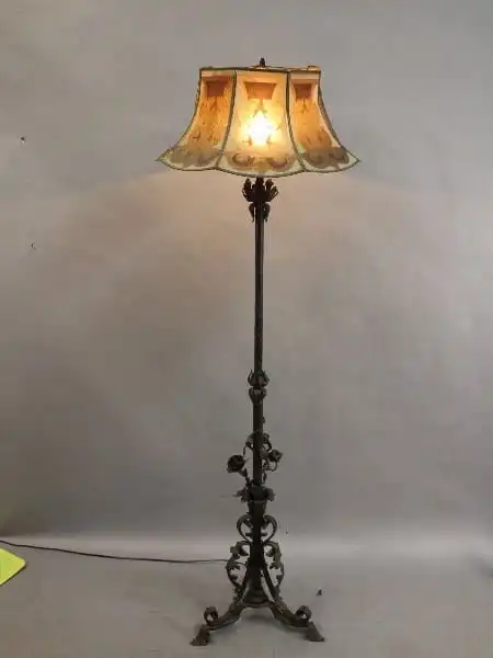 15297. Spanish Revival Wrought Iron Floor Lamp With Metal Mesh Shade