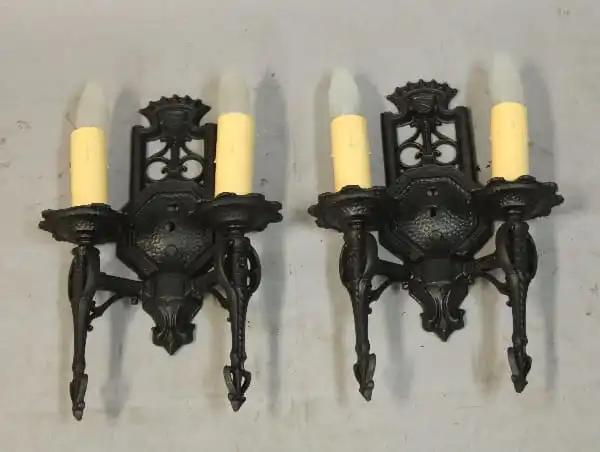 16128. Pair Of 1920’s Spanish Revival Sconces With Shield Motif