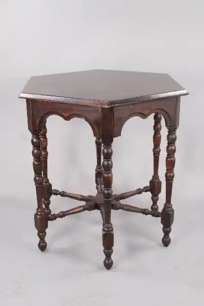 10138. 1920’s Hexagonal Walnut Center Table With Arched Top