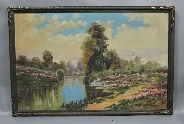 12340. Large Early 20th Century Oil Landscape In Original Frame