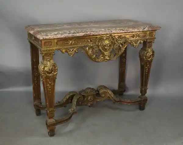 12619. Turn Of The Century Carved French Console With Marble Top by Schmit et Piollet