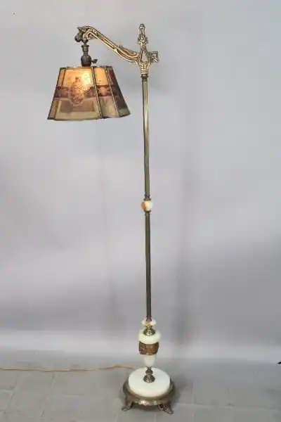 15788. 1920’s Brass Floor Lamp With Metal Mesh Shade