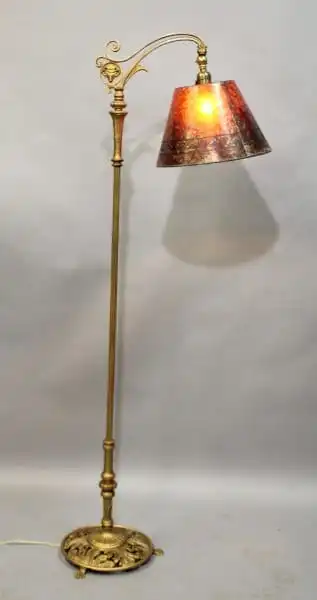 16038. 1920’s Bridge Lamp With Ram Motif And New Mica Shade