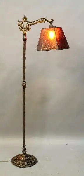 16058. 1920’s Spanish Revival Antique Bridge Lamp With Mica Shade