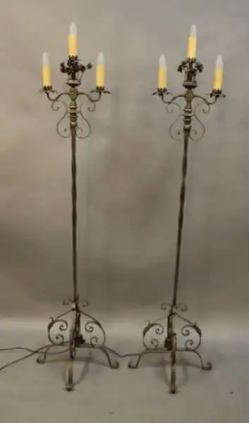 16076. Pair Of Spanish Revival Three Light Torchieres
