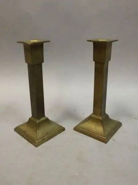 16195. Pair Of Brass Arts And Crafts Bradley Hubbard Candle Sticks
