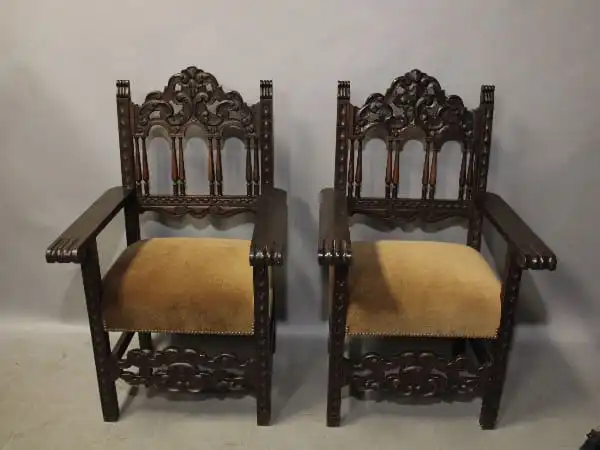 16210. Pair Of 1920’s Carved Armchairs With Spindle Back