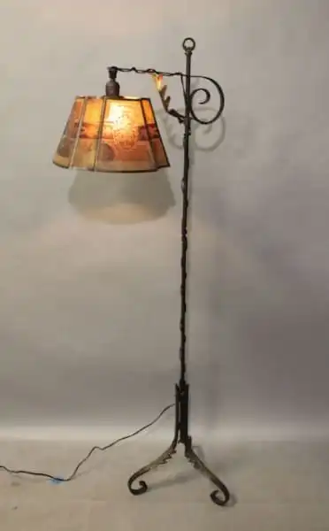 16213. 1920’s Wrought Iron Bridge Lamp With Metal Shade