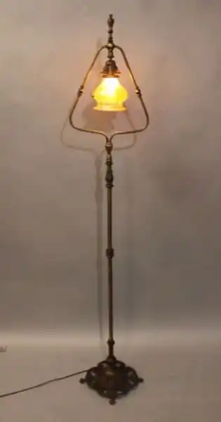 16328. 1920’s Brass Floor Lamp With Art Glass shade