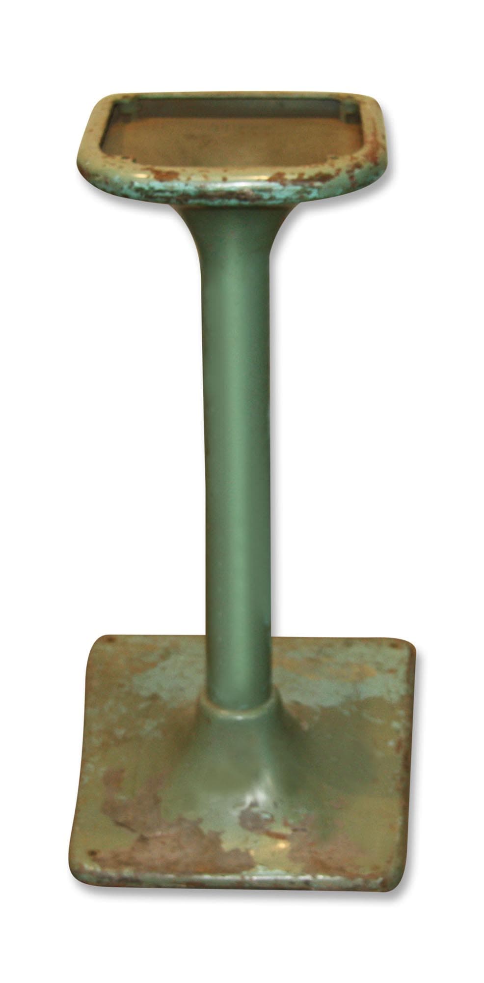 Industrial metal base with a square bottom support and a rectangular top plate, shown in a front view.