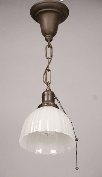 10495. 1930's Fluted Milk Glass Pendant hanging pendant light with a frosted white glass shade, suspended by a metal chain with a pull switch, against a grey background.