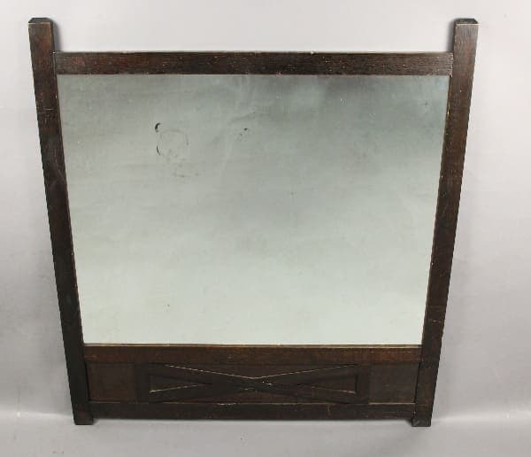 13612. 1910 Oak Arts And Crafts Mission Mirror with visible wear and a slight imperfection in the glass, set against a plain white background.