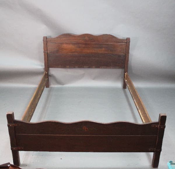 14701. Double Spanish Revival Bed with curved headboard and footboard, displayed against a plain backdrop.