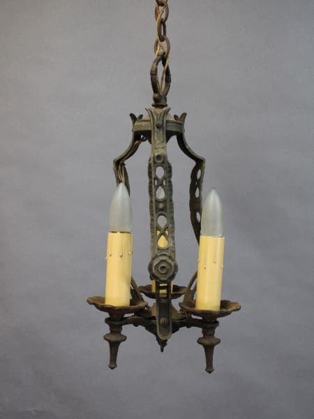 15382. Three Light 1920's Pendant with two candle-shaped bulbs, suspended by a chain against a grey background.