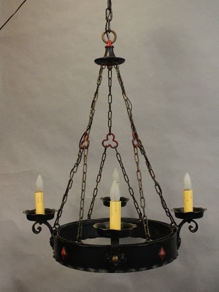 15406. Circa 1920's Iron Chandelier With Wrought Iron Construction with candle-style lights hanging from chains, set against a neutral background.